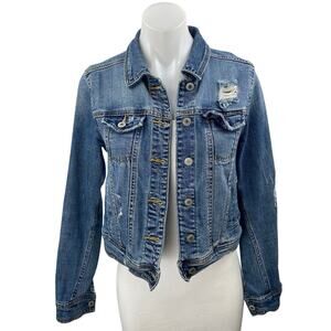 Mossimo Blue Button Down Long Sleeve Distressed Cropped Denim Jeans Jacket Sz XS